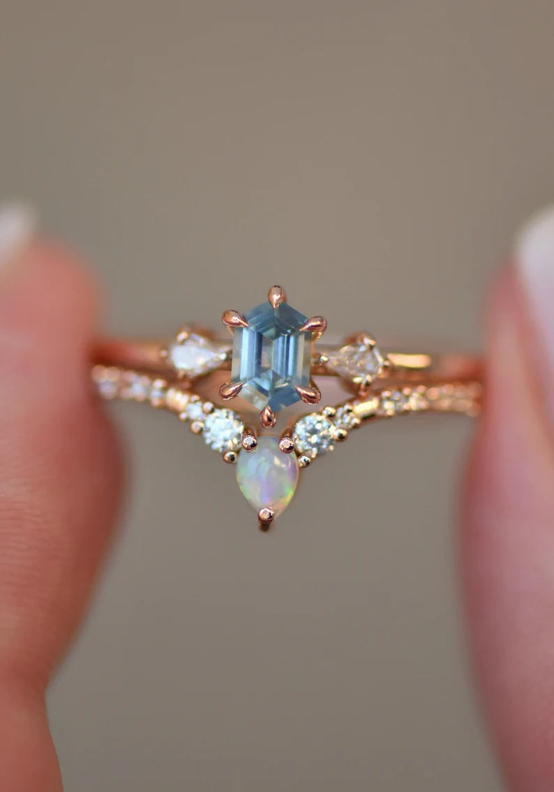 Solid Gold Hexagon Light Blue Sapphire and Diamond Engagement Ring