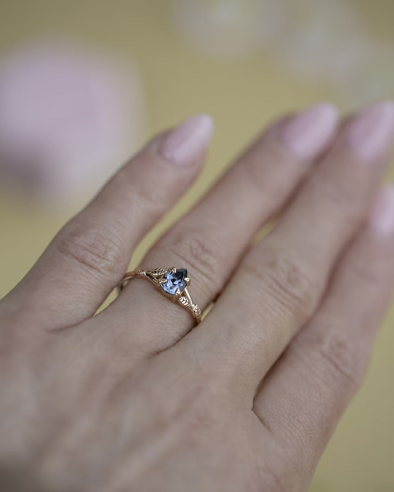14K Solid Gold Leaf Engagement Ring With Montana Sapphire - Style A