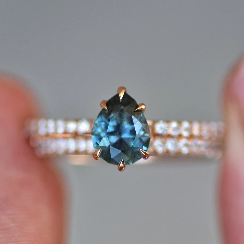 Solid Gold Hidden Halo Pear Teal Sapphire Ring Set