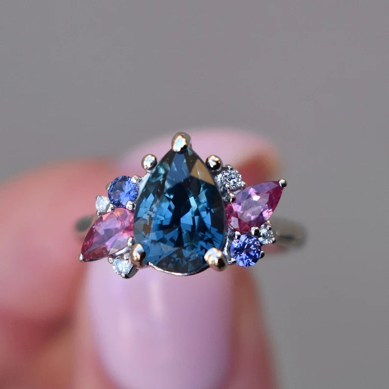 Solid Gold Teal Blue Pear Sapphire Engagement Ring