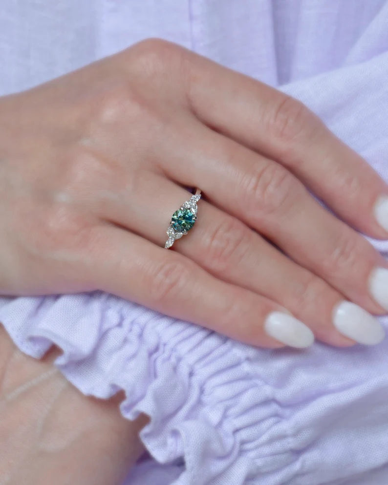 Solid Gold Oval Teal Green Montana Sapphire Ring