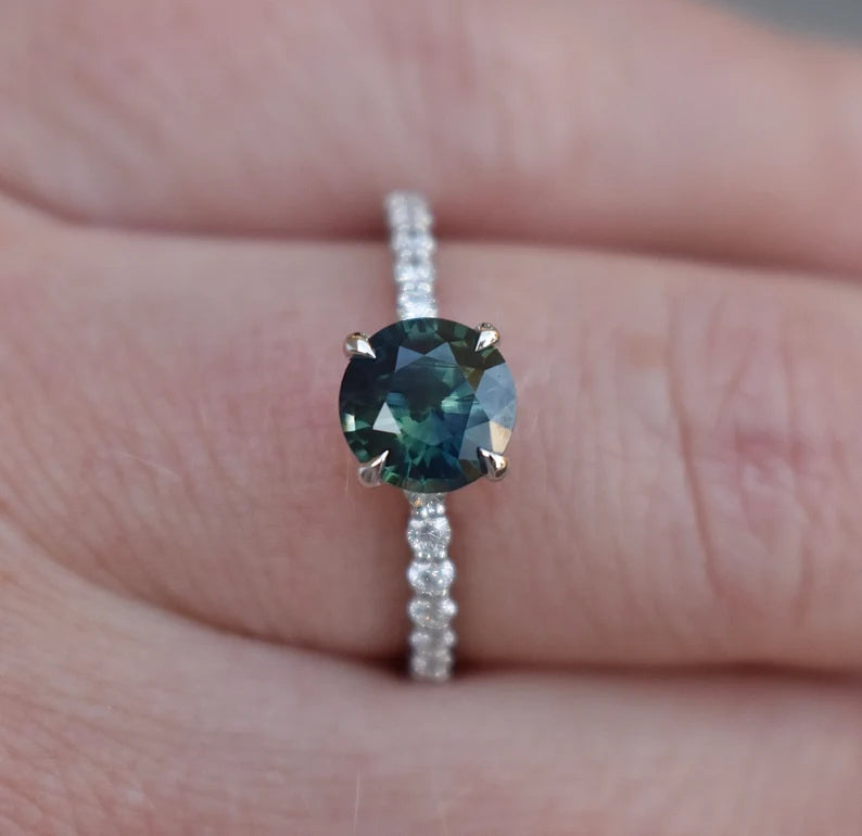 14K Solid Gold 1.4 CT Teal Blue Montana Sapphire Ring Set