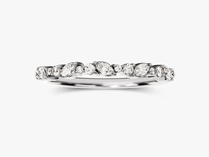 Solid Gold Double Round and Marquise Cut Wedding Ring Diamond Cluster Ring