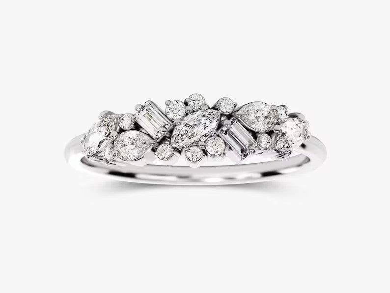 Solid Gold Multi Cut Cluster Diamond Wedding Ring