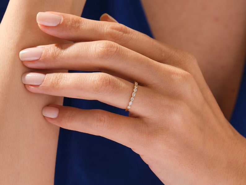 Solid Gold Milgrain Accent Marquise and Round Wedding Ring