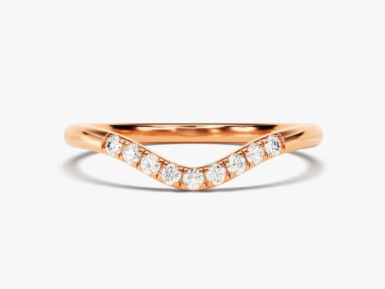 Solid Gold Curved Nine-Stone Diamond Wedding Ring/Stackable Band