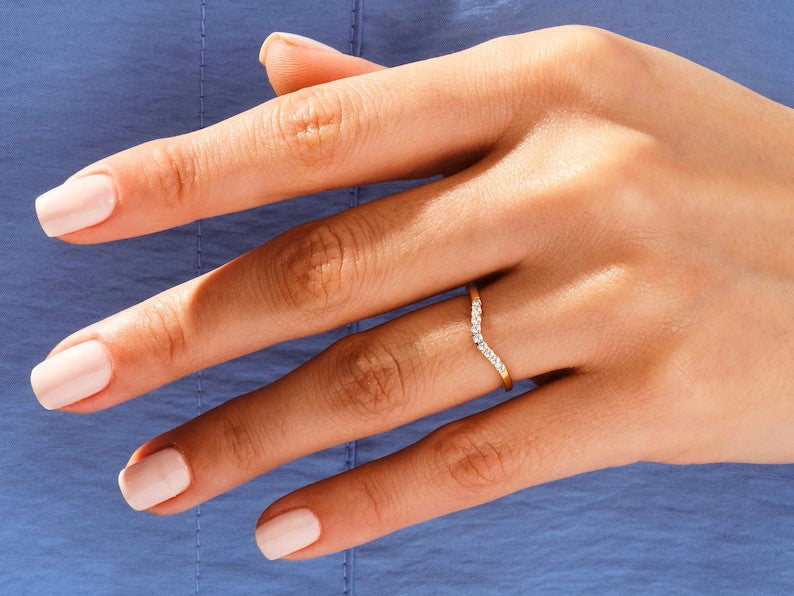 Solid Gold Curved Nine-Stone Diamond Wedding Ring/Stackable Band