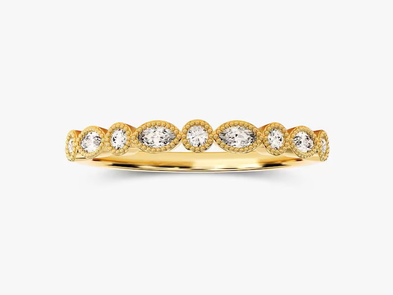 Solid Gold Milgrain Accent Marquise and Round Wedding Ring