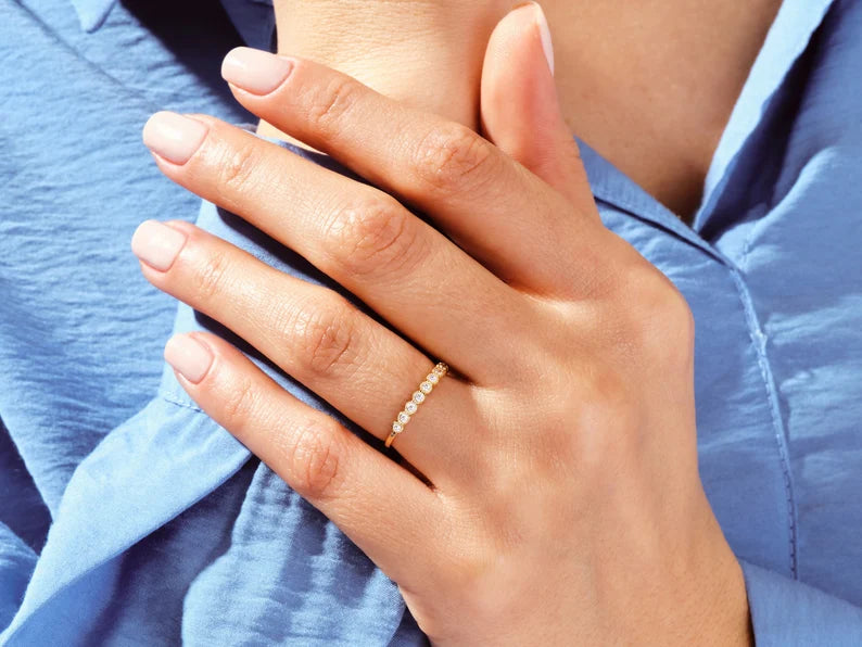 Solid Gold Milgrain Accent Bezel Set Wedding Ring