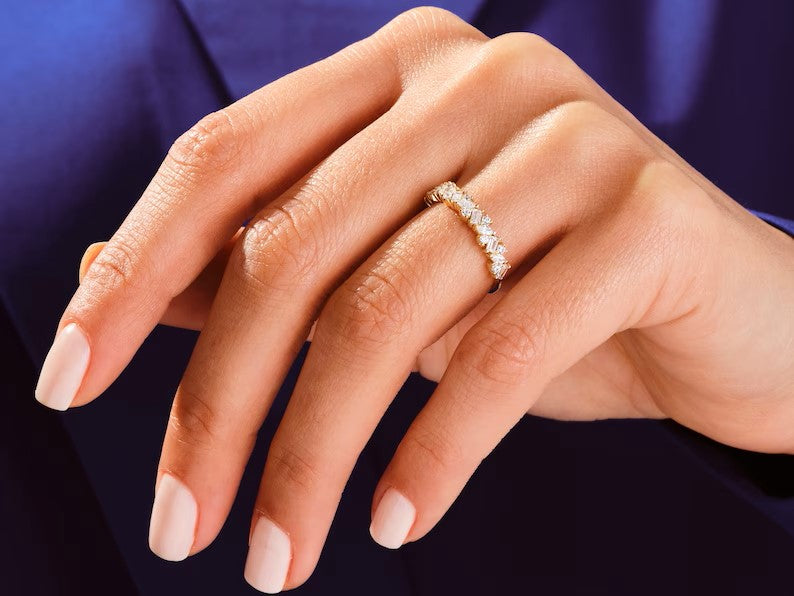 Solid Gold Marquise - Baguette and Round Cut Diamond Bridal Ring for Women