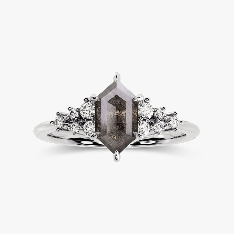 Solid Gold Long Hexagon Black Rutilated Quartz Engagement Ring for women