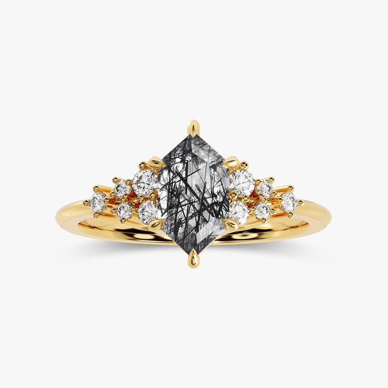 Solid Gold Long Hexagon Black Rutilated Quartz Engagement Ring for women