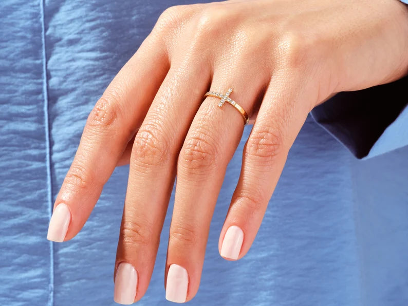 Solid Gold Sideway Cross Wedding Ring