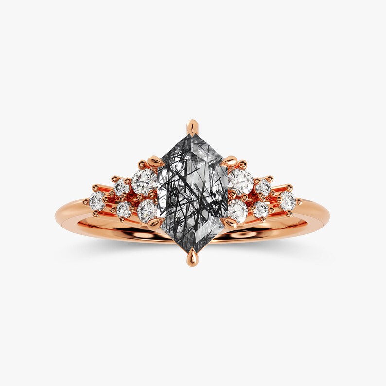 Solid Gold Long Hexagon Black Rutilated Quartz Engagement Ring for women