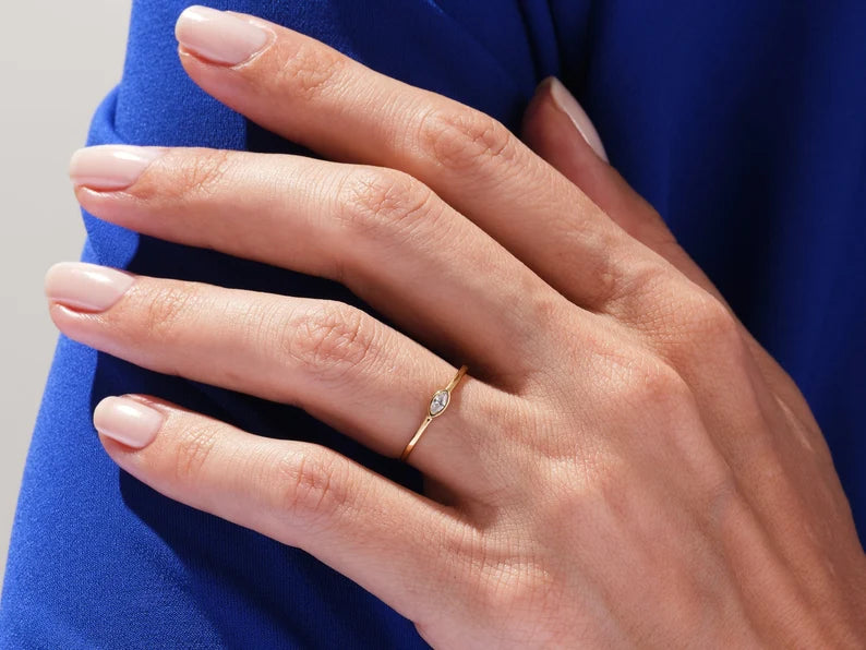 Solid Gold Bezel Set Marquise Diamond Wedding Ring