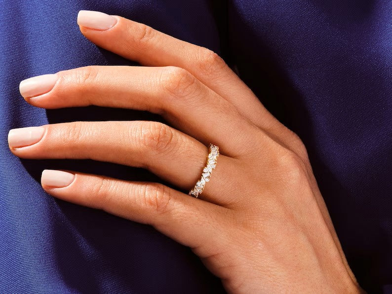 Solid Gold Marquise - Baguette and Round Cut Diamond Bridal Ring for Women