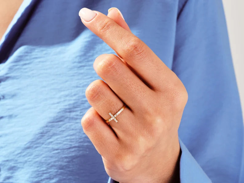 Solid Gold Sideway Cross Wedding Ring