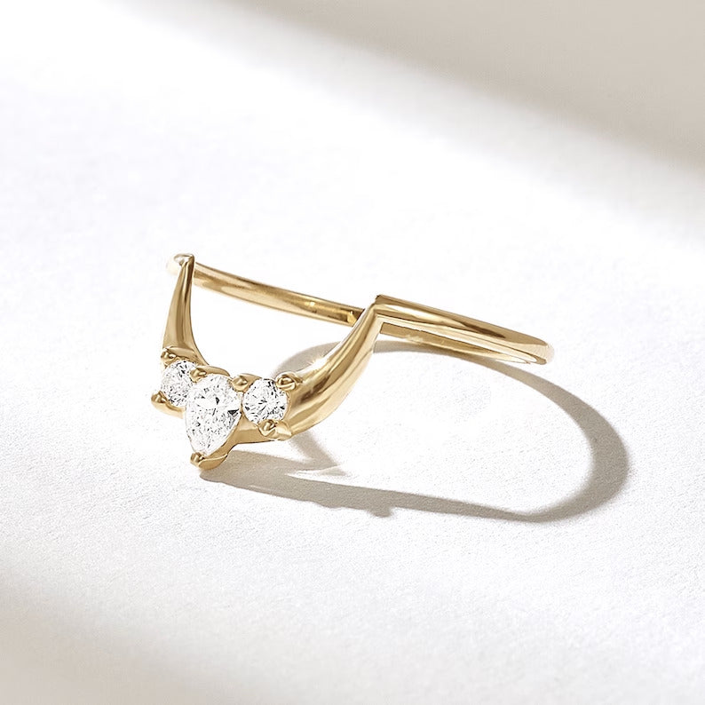Solid Gold Pear Diamond Tiara Arch Ring