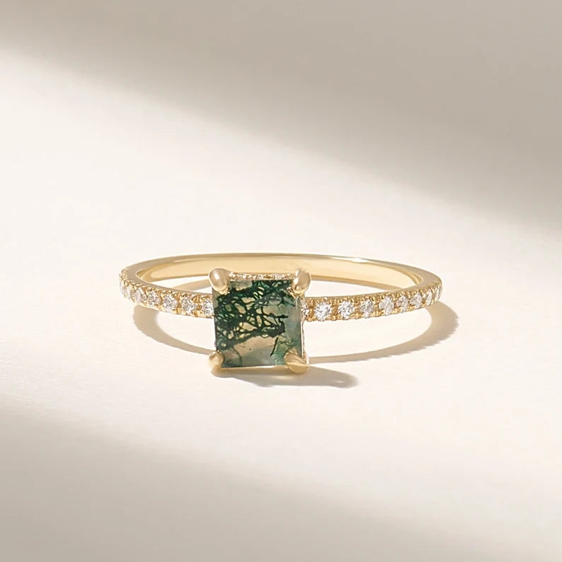 Solid Gold Moss Agate Solitaire Ring