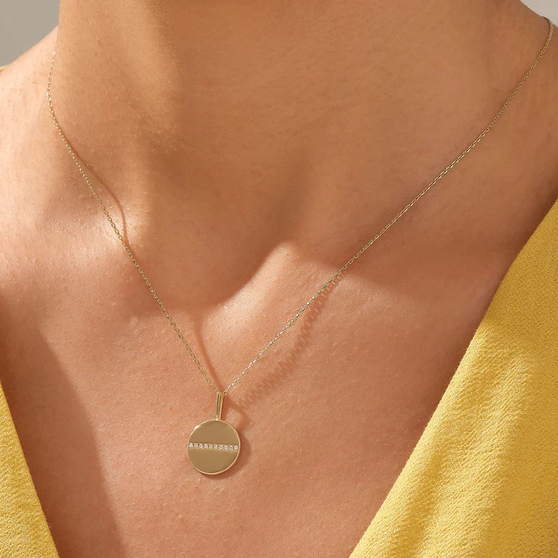 Solid Gold Pave Line Diamond Disc Necklace