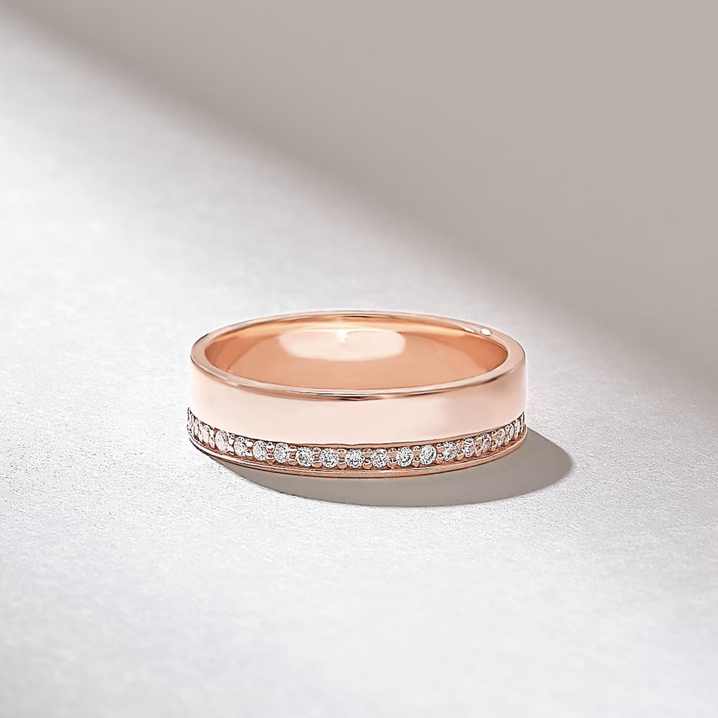 18K Solid Gold One Side Pave Wedding Band - Style B