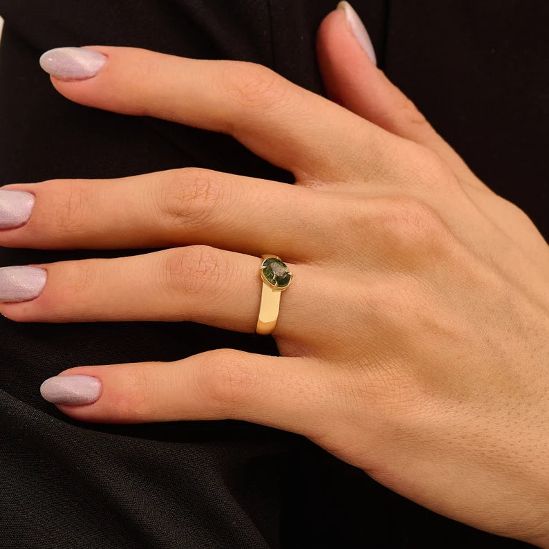 18K Solid Gold Moss Agate Solitaire Ring - Style A