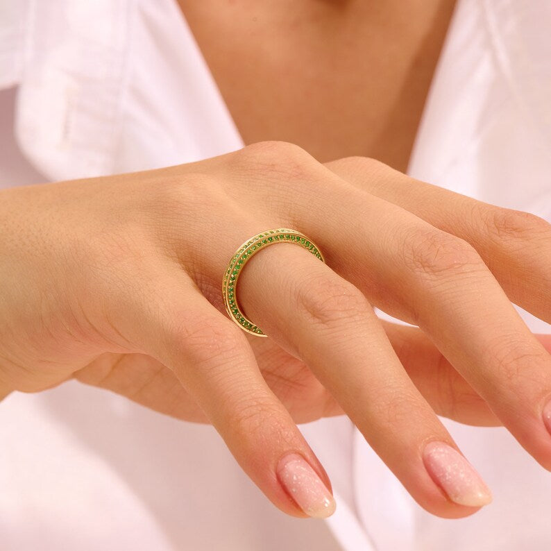 Solid Gold Emerald Stone Pave Eternity Ring