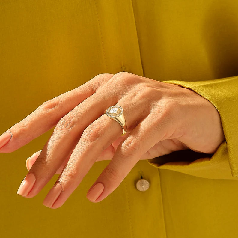 Solid Gold Pear Diamond Oval Signet Ring