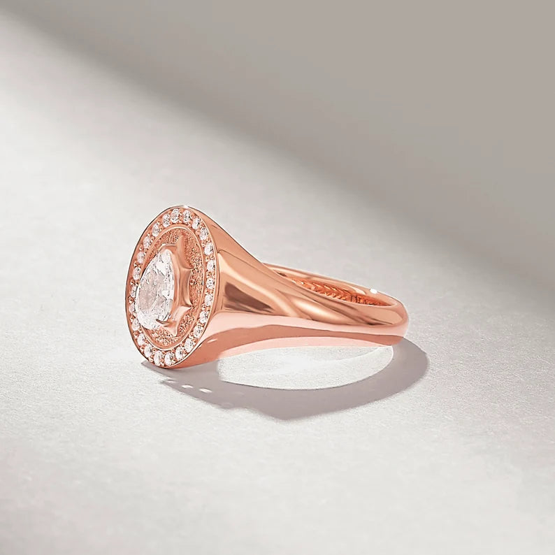 Solid Gold Pear Diamond Oval Signet Ring