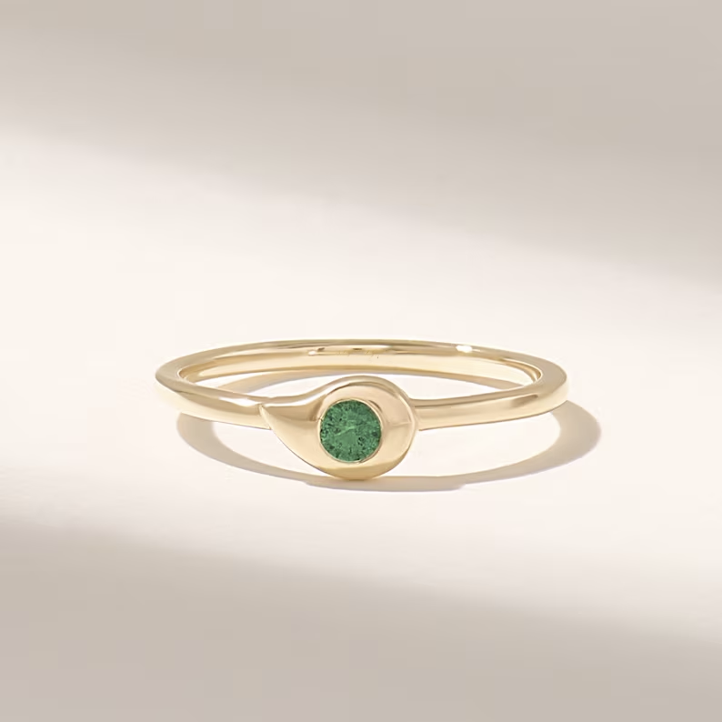 Solid Gold Emerald Teardrop Solitaire Ring