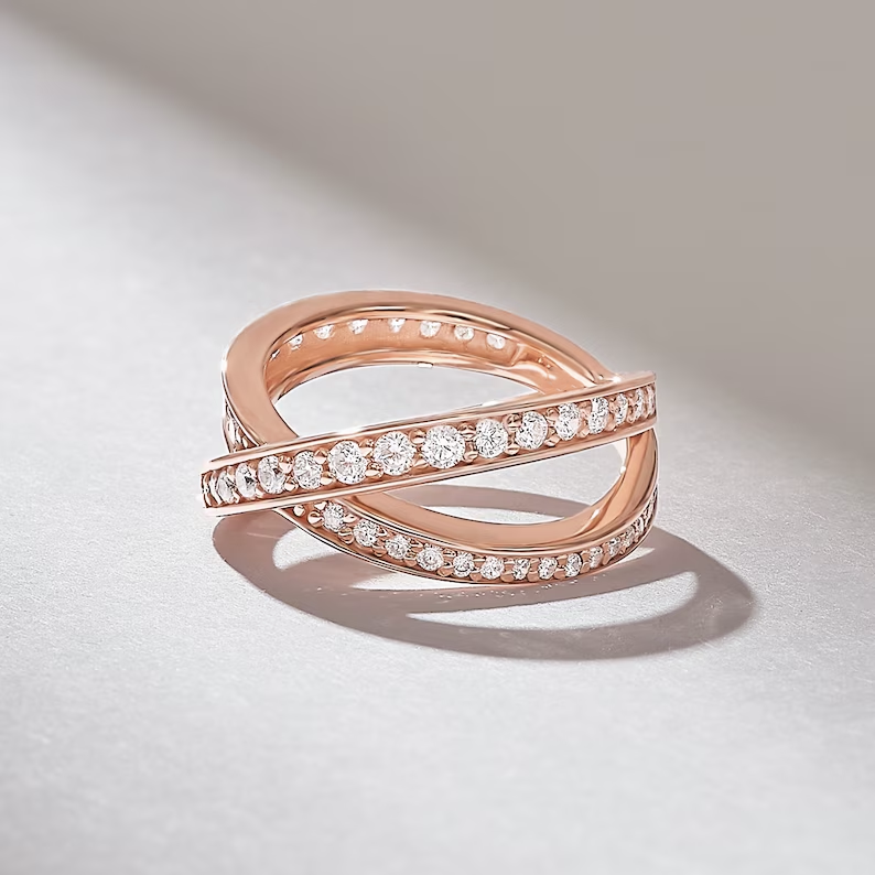 Solid Gold Ascending Pave Diamond Crossover Ring Unique X Design