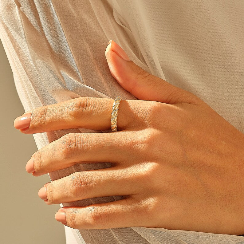Solid Gold Pave Diamond Twisted Dome Ring