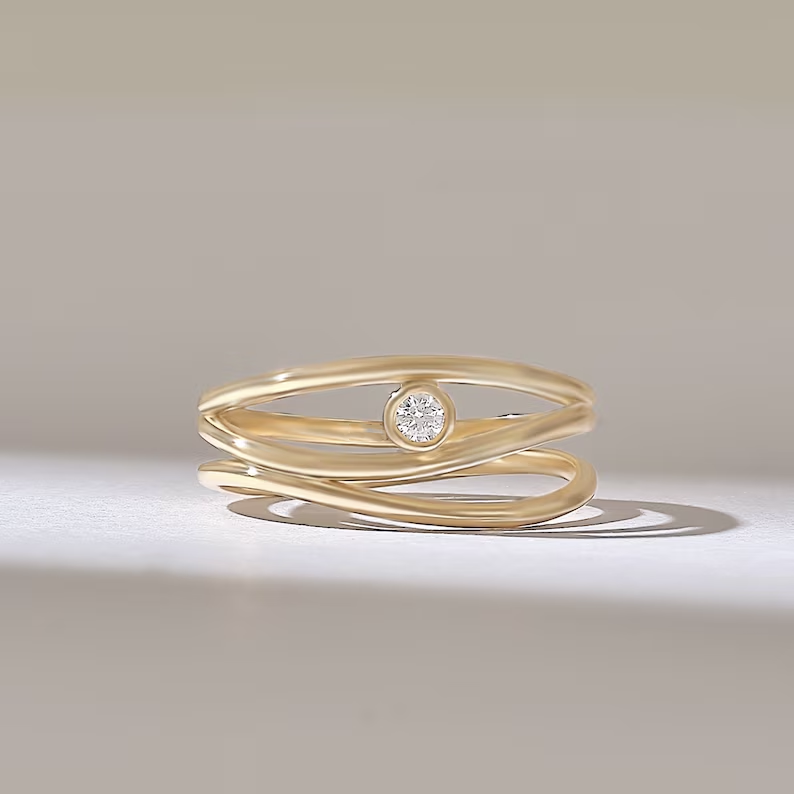 Solid Gold Wave Rows Diamond Ring