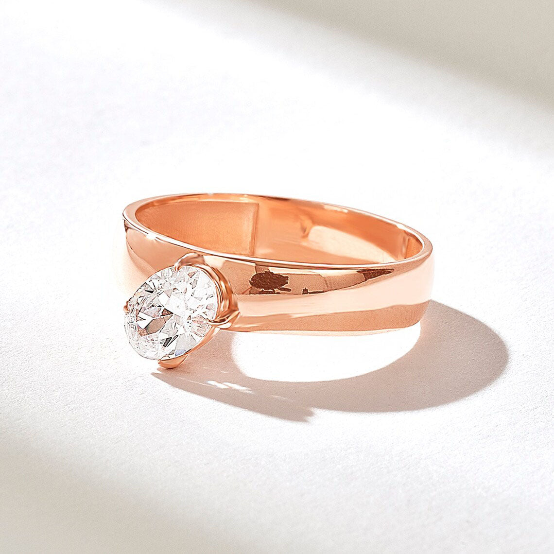 Solid Gold Oval Diamond Solitaire Bold Band Ring