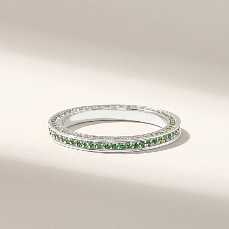 Solid Gold Emerald Stone Pave Eternity Ring