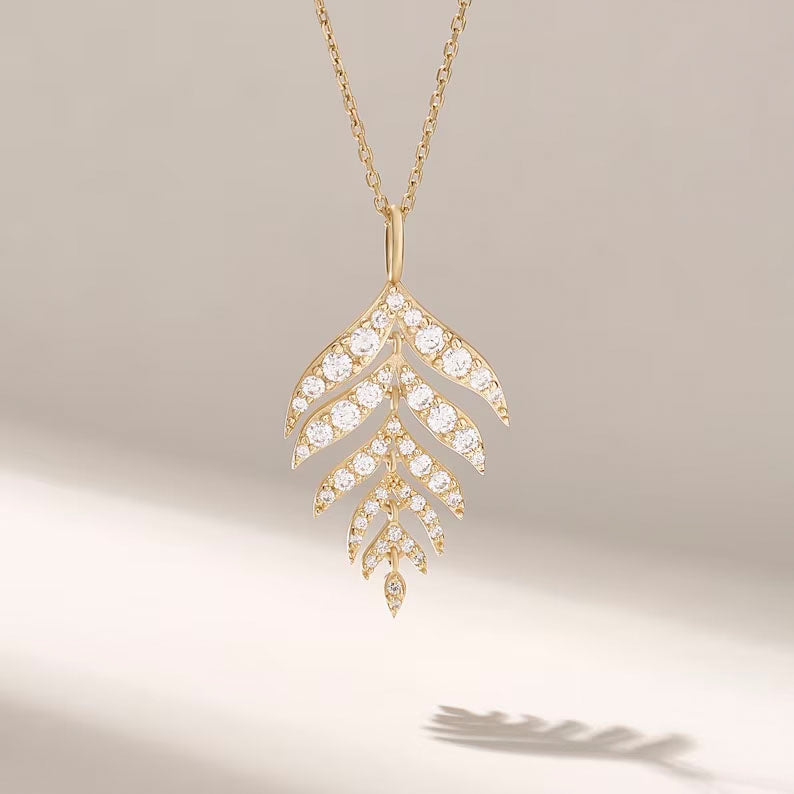Solid Gold Diamond Leaf Pendant