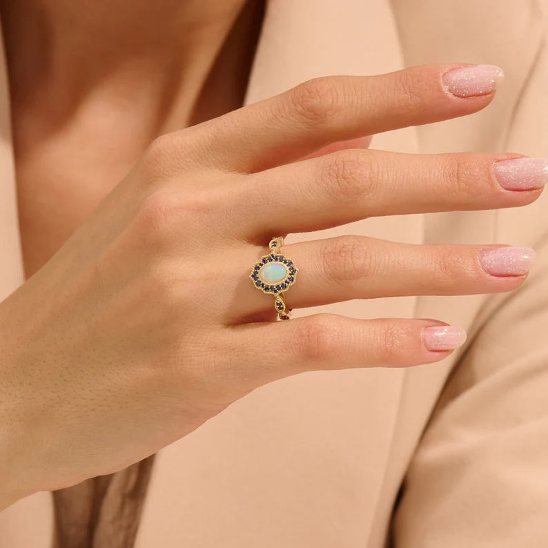 Solid Gold Oval White Opal Vintage Engagement Ring