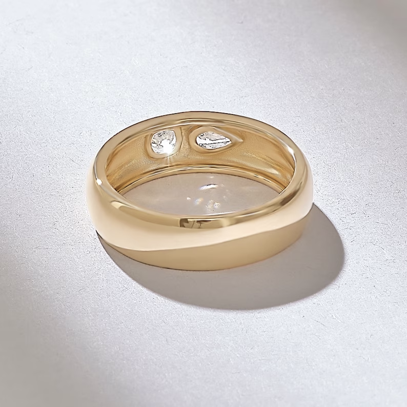 Solid Gold Two Diamond Dome Ring (D07A9B)