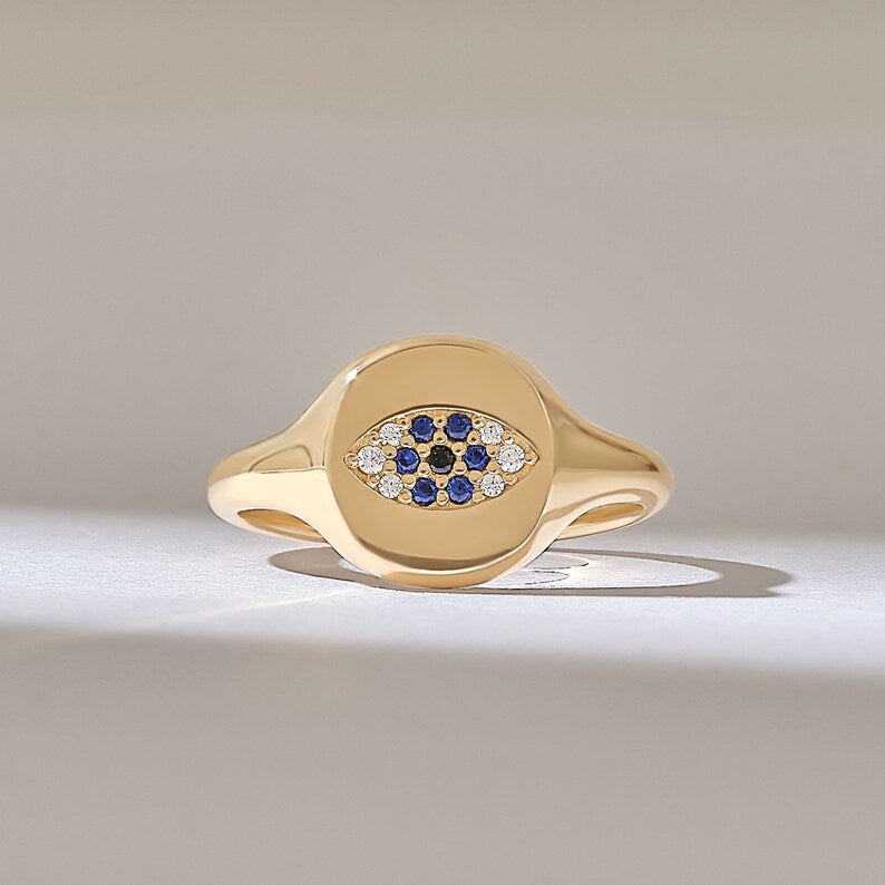 Solid Gold Evil Eye Signet Ring