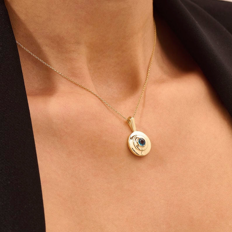 Solid Gold Blue Topaz Necklace Solitaire Round Gemstone Pendant
