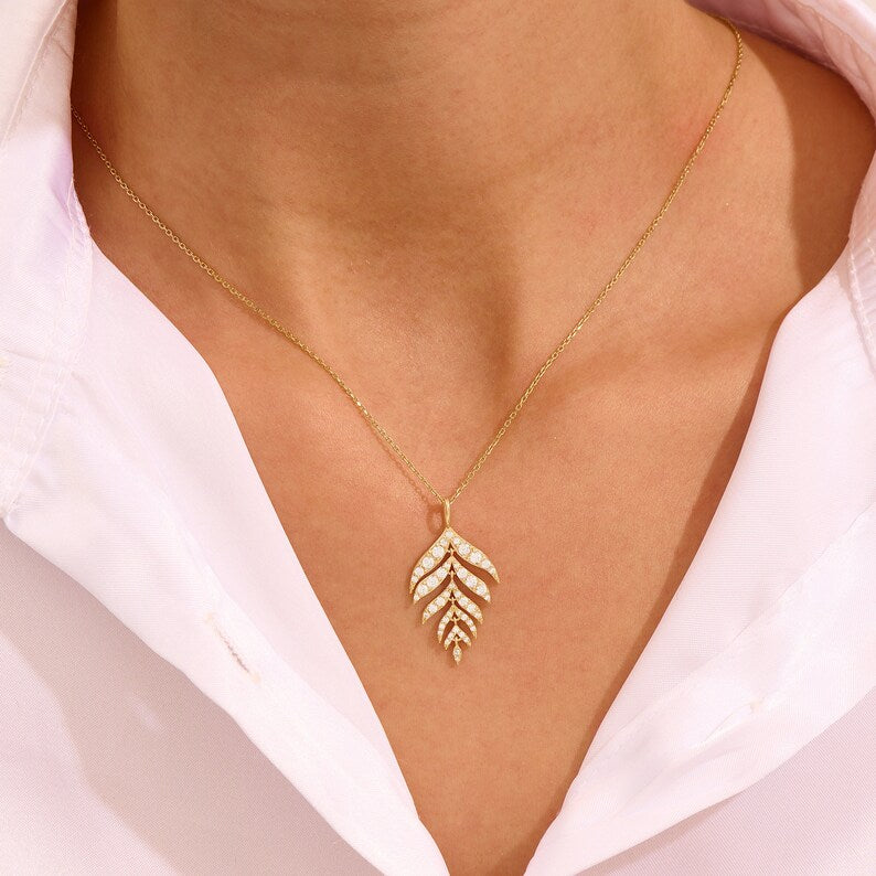 Solid Gold Diamond Leaf Pendant