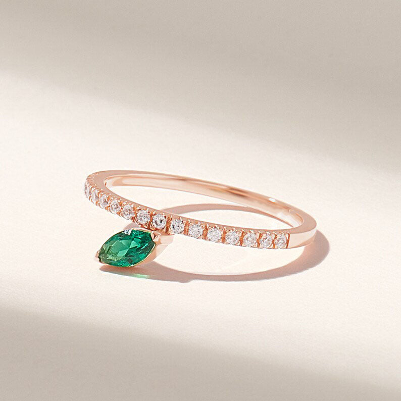 Solid Gold Marquise Emerald Leaf Ring