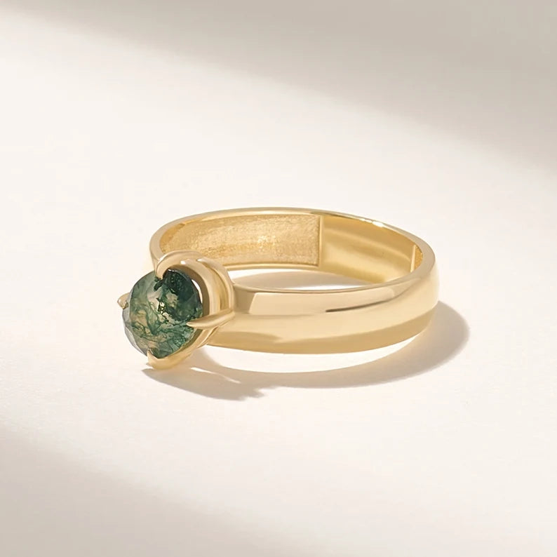 18K Solid Gold Moss Agate Solitaire Ring - Style A