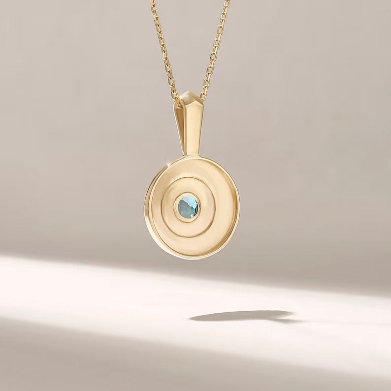 Solid Gold Blue Topaz Necklace Solitaire Round Gemstone Pendant