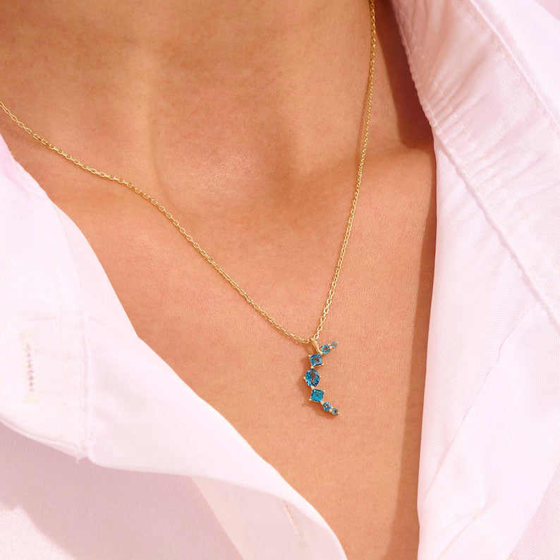 Solid Gold Blue Topaz Moon Necklace