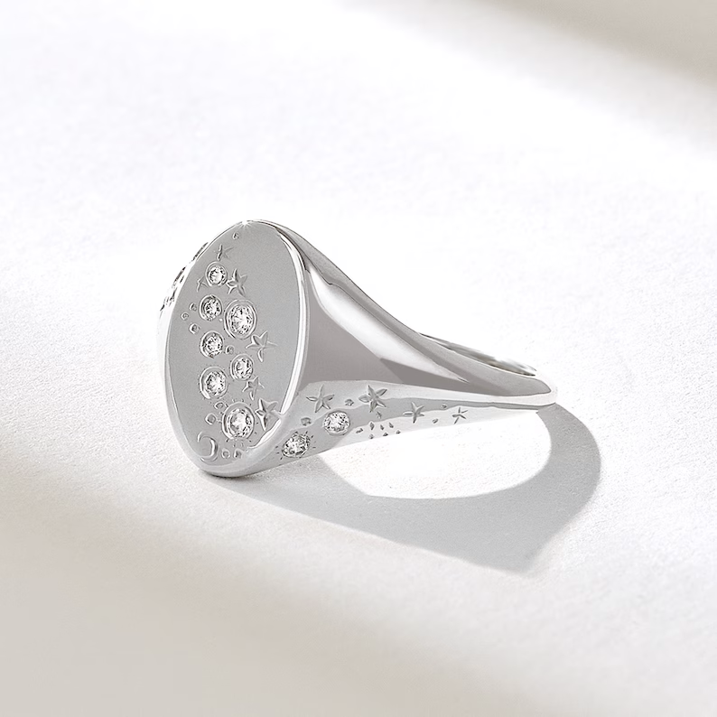 Solid Gold Diamond Celestial Signet Ring