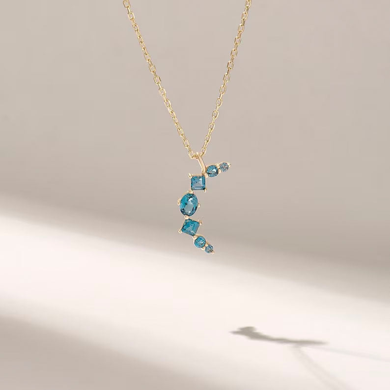 Solid Gold Blue Topaz Moon Necklace