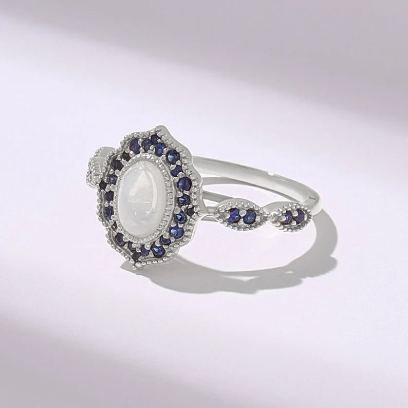 Solid Gold Oval White Opal Vintage Engagement Ring