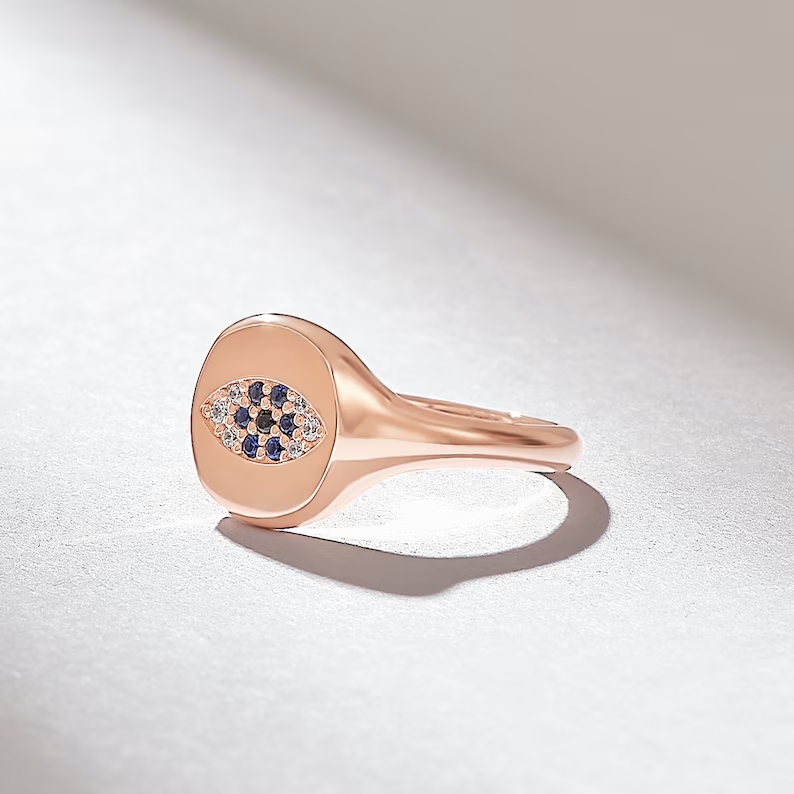 Solid Gold Evil Eye Signet Ring
