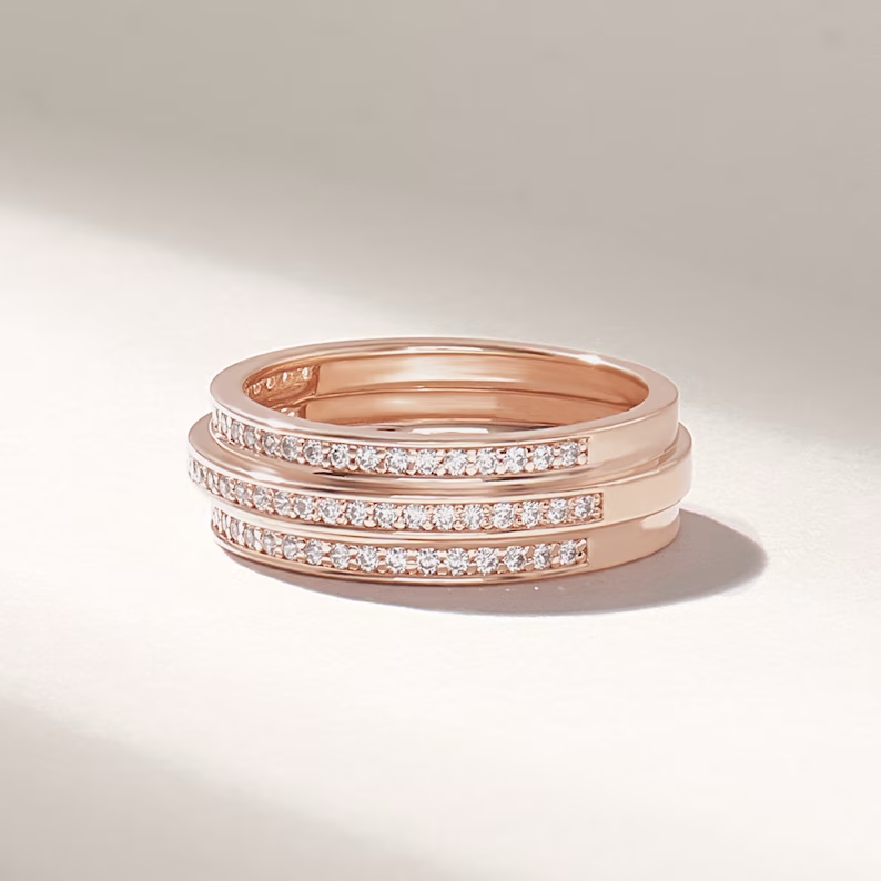 Solid Gold Triple Band Pave Diamond Ring